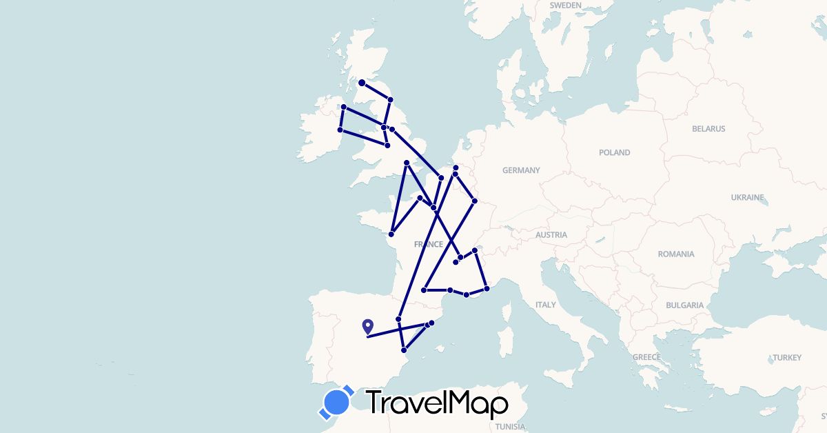 TravelMap itinerary: driving in Belgium, Switzerland, Spain, France, United Kingdom, Ireland (Europe)