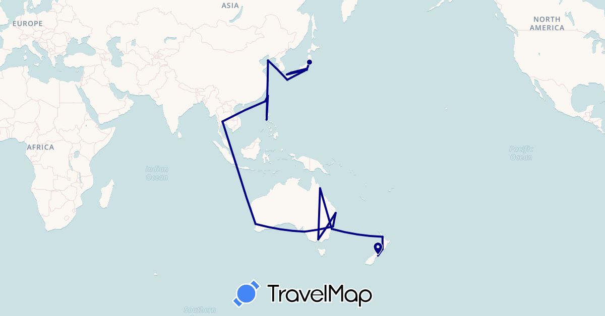 TravelMap itinerary: driving in Australia, China, Indonesia, Japan, New Zealand, Philippines, Thailand, Taiwan (Asia, Oceania)